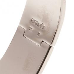 Pre Owned Hermes Clic Clac H Wide Blue Enameled White H Palladium Plated Bracelet PM