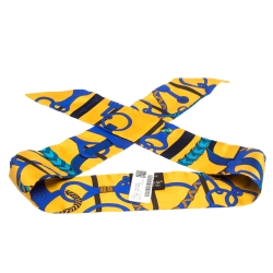 Pre Owned Hermes Yellow & Blue Panoplie Equestre Print Silk Twilly Scarf