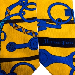 Pre Owned Hermes Yellow & Blue Panoplie Equestre Print Silk Twilly Scarf