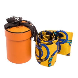 Pre Owned Hermes Yellow & Blue Panoplie Equestre Print Silk Twilly Scarf