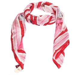 Pre Owned Hermes Pink & Red Couvertures Nouvelles Print Silk Scarf