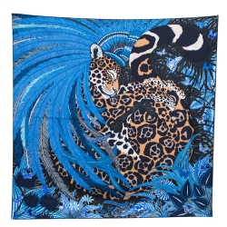 Pre Owned Hermes Blue Jaguar Quetzal Silk Twill Square Scarf 