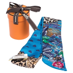 Pre Owned Hermes Blue Jungle Love Print Silk Twilly 