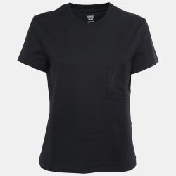 Pre Owned Hermes Black Cotton Logo Embroidered Pocket Detail T-Shirt M