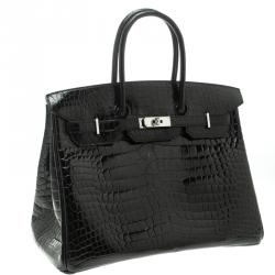 Hermes Black Porosus Crocodile Palladium Hardware Birkin 35 Bag