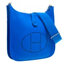 Pre Owned Hermes Bleu Hydra Clemence Leather Evelyne III PM Bag