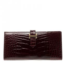 Pre Owned Hermes Burgundy Bordeaux Alligator Bearn Gusset Wallet