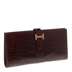 Pre Owned Hermes Burgundy Bordeaux Alligator Bearn Gusset Wallet