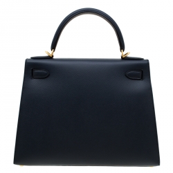 Pre Owned Hermes Blue Marine Epsom Leather with Rose Pourpre Leather Lining Brushed Gold Hardware Kelly Sellier 28 Bag