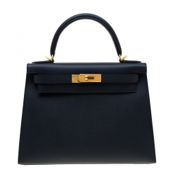 Pre Owned Hermes Blue Marine Epsom Leather with Rose Pourpre Leather Lining Brushed Gold Hardware Kelly Sellier 28 Bag
