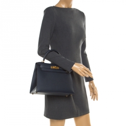 Pre Owned Hermes Blue Marine Epsom Leather with Rose Pourpre Leather Lining Brushed Gold Hardware Kelly Sellier 28 Bag
