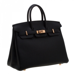 Hermes Black Togo Leather Rose Gold Hardware Birkin 25 Bag