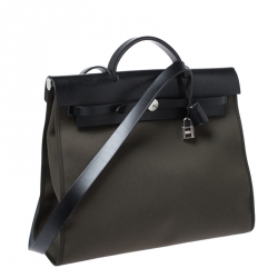 Pre Owned Hermes Khaki Green/Black Leather and Canvas Herbag Zip 39 Bag