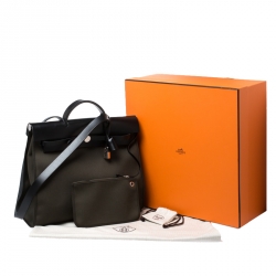 Pre Owned Hermes Khaki Green/Black Leather and Canvas Herbag Zip 39 Bag