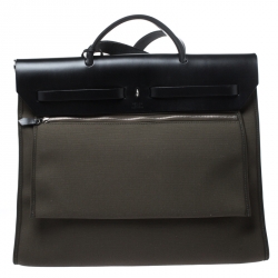 Pre Owned Hermes Khaki Green/Black Leather and Canvas Herbag Zip 39 Bag
