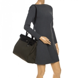 Pre Owned Hermes Khaki Green/Black Leather and Canvas Herbag Zip 39 Bag