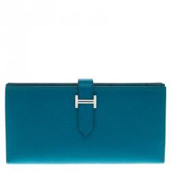 Pre Owned Hermes Blue Paon Epsom Leather Bearn Gusset Wallet