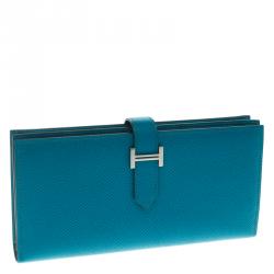 Pre Owned Hermes Blue Paon Epsom Leather Bearn Gusset Wallet