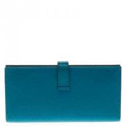 Pre Owned Hermes Blue Paon Epsom Leather Bearn Gusset Wallet