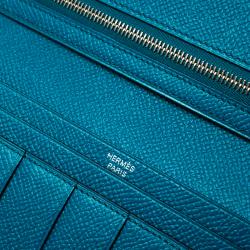 Pre Owned Hermes Blue Paon Epsom Leather Bearn Gusset Wallet