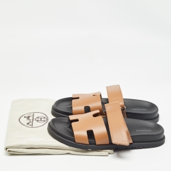 Hermes Brown Leather  Chypre Flat Slides Size 39