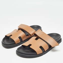 Hermes Brown Leather  Chypre Flat Slides Size 39