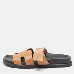 Hermes Brown Leather  Chypre Flat Slides Size 39
