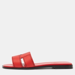 Hermes Red Leather Idimo Flat Slides Size 38.5