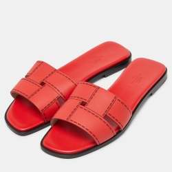 Hermes Red Leather Idimo Flat Slides Size 38.5