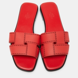 Hermes Red Leather Idimo Flat Slides Size 38.5