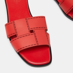 Hermes Red Leather Idimo Flat Slides Size 38.5