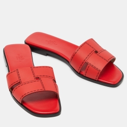 Hermes Red Leather Idimo Flat Slides Size 38.5