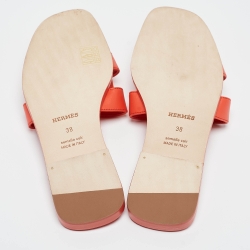 Hermes Orange Leather Oran Flat Slides Size 38