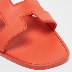 Hermes Orange Leather Oran Flat Slides Size 38