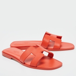 Hermes Orange Leather Oran Flat Slides Size 38