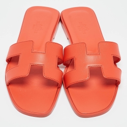 Hermes Orange Leather Oran Flat Slides Size 38