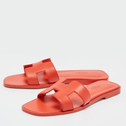 Hermes Orange Leather Oran Flat Slides Size 38