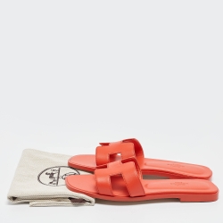 Hermes Orange Leather Oran Flat Slides Size 38