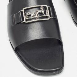 Pre Owned Hermes Black Leather Villa Flat Slides Size 38