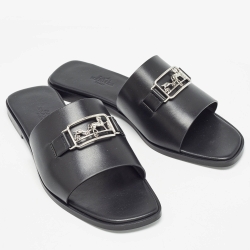 Pre Owned Hermes Black Leather Villa Flat Slides Size 38