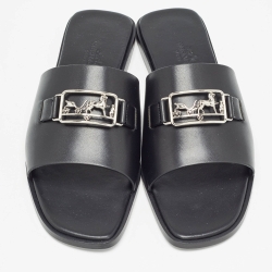 Pre Owned Hermes Black Leather Villa Flat Slides Size 38