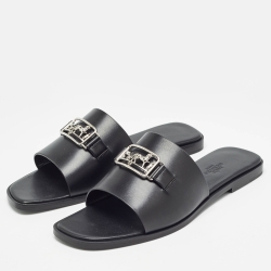 Pre Owned Hermes Black Leather Villa Flat Slides Size 38