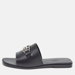 Pre Owned Hermes Black Leather Villa Flat Slides Size 38