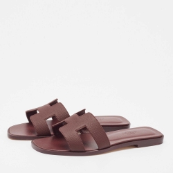 Pre Owned Hermes Burgundy Leather Oran Flat Slides Size 36