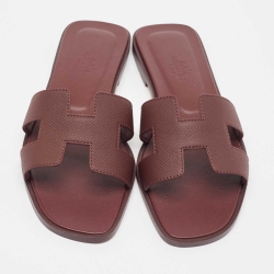 Pre Owned Hermes Burgundy Leather Oran Flat Slides Size 36