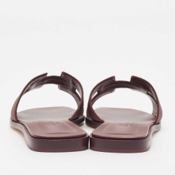 Pre Owned Hermes Burgundy Leather Oran Flat Slides Size 36