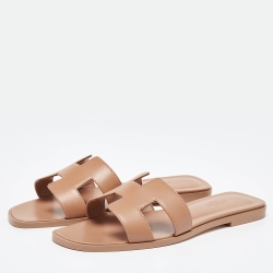 Pre Owned Hermès Beige Leather Oran Flat Slides Size 38