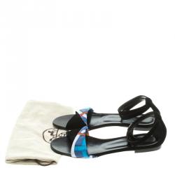 Pre Owned Hermes Black Suede and Printed Silk Flat Sandals Size 37.5