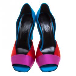 Pre Owned Hermes Tricolor Satin Block Heel Peep Toe D'orsay Pumps Size 37