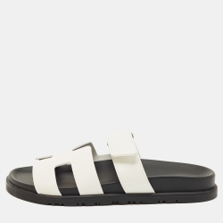 Pre Owned Hermès White Leather Chypre Flat Slides Size 38.5